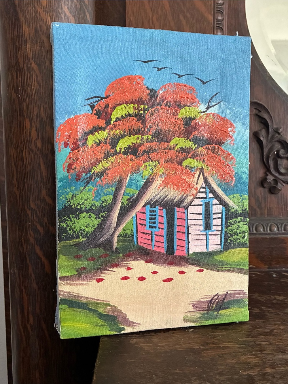 Original Handmade Small Scale Oil Painting – Tropical Cottage Landscape